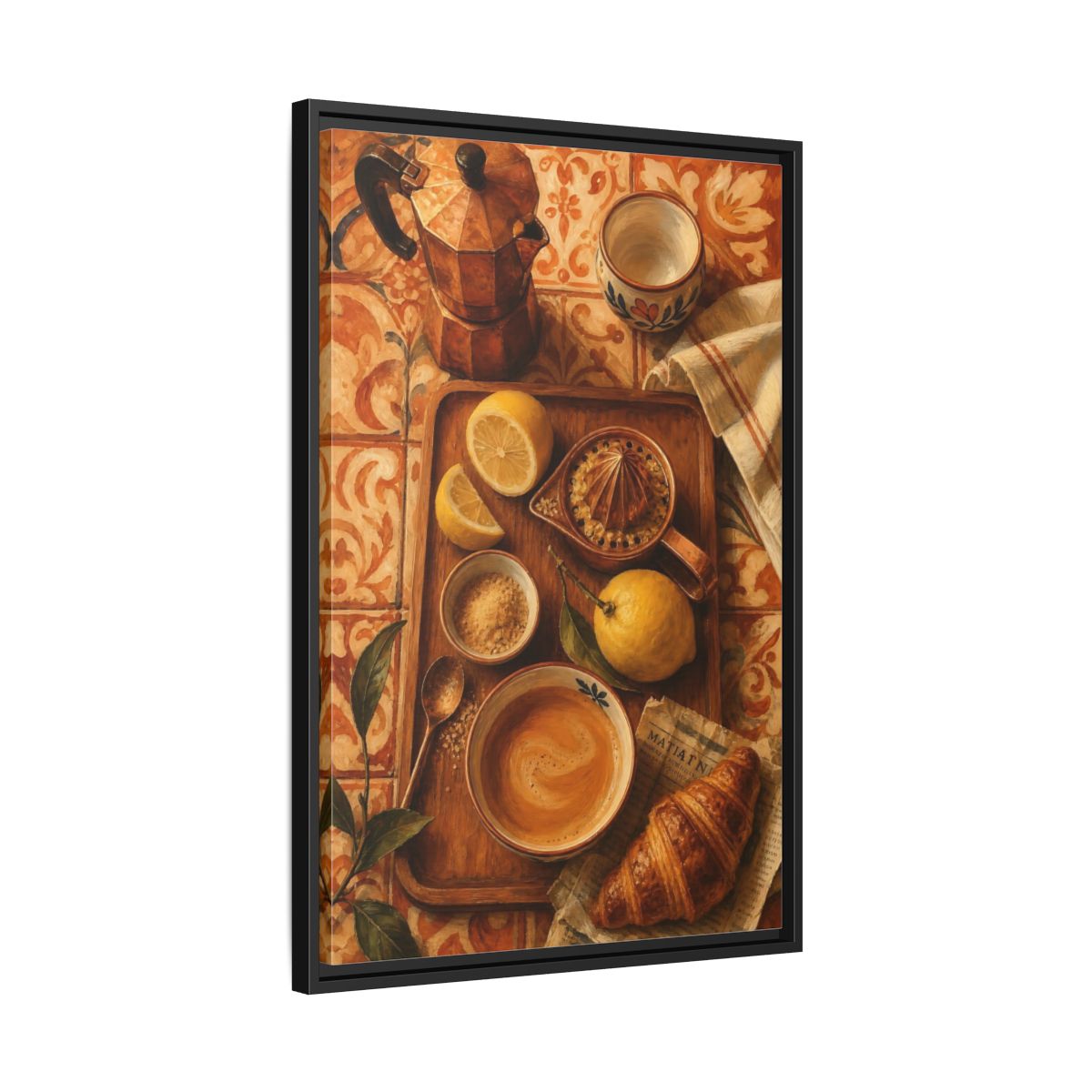 Side Mockup 14. Morning Lemon Coffee Tray shown as framed canvas print