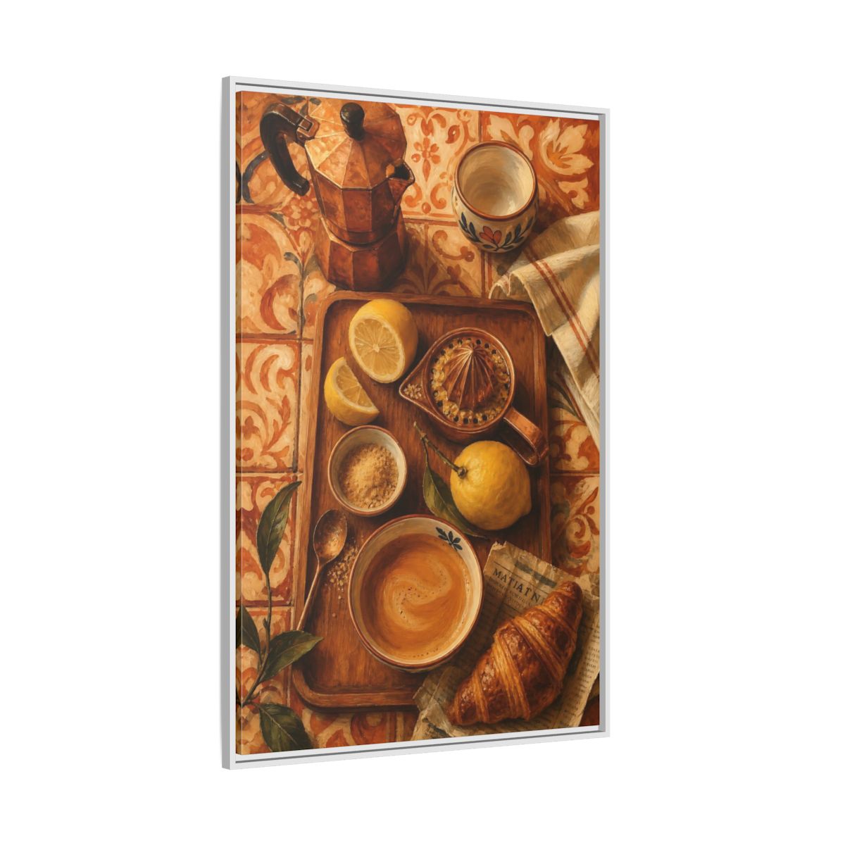 Side Mockup 7. Morning Lemon Coffee Tray shown as framed canvas print
