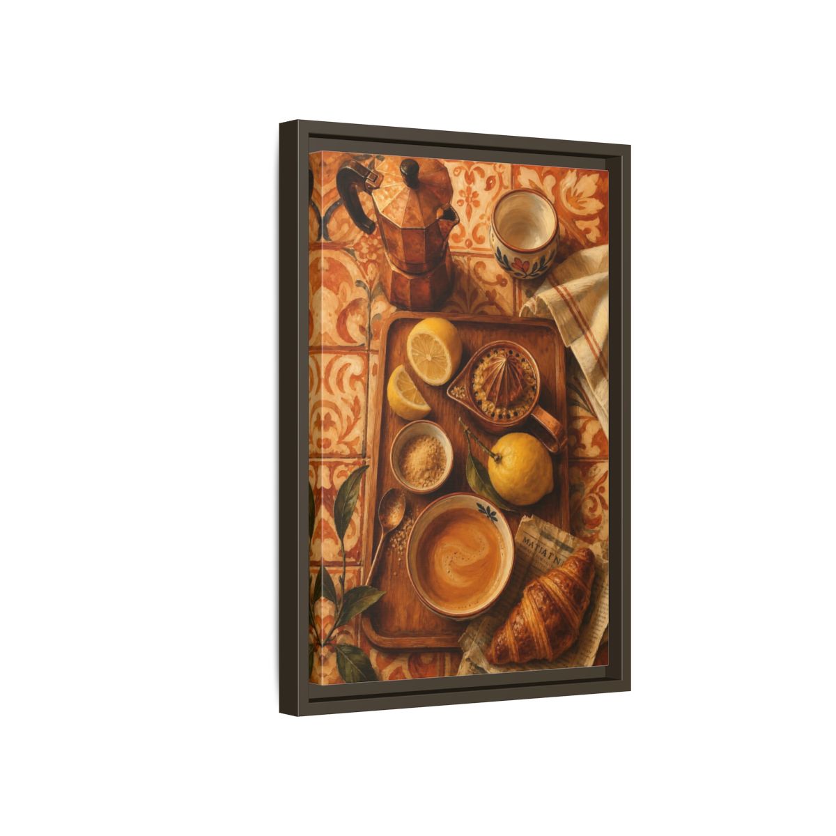 Side Mockup 5. Morning Lemon Coffee Tray shown as framed canvas print