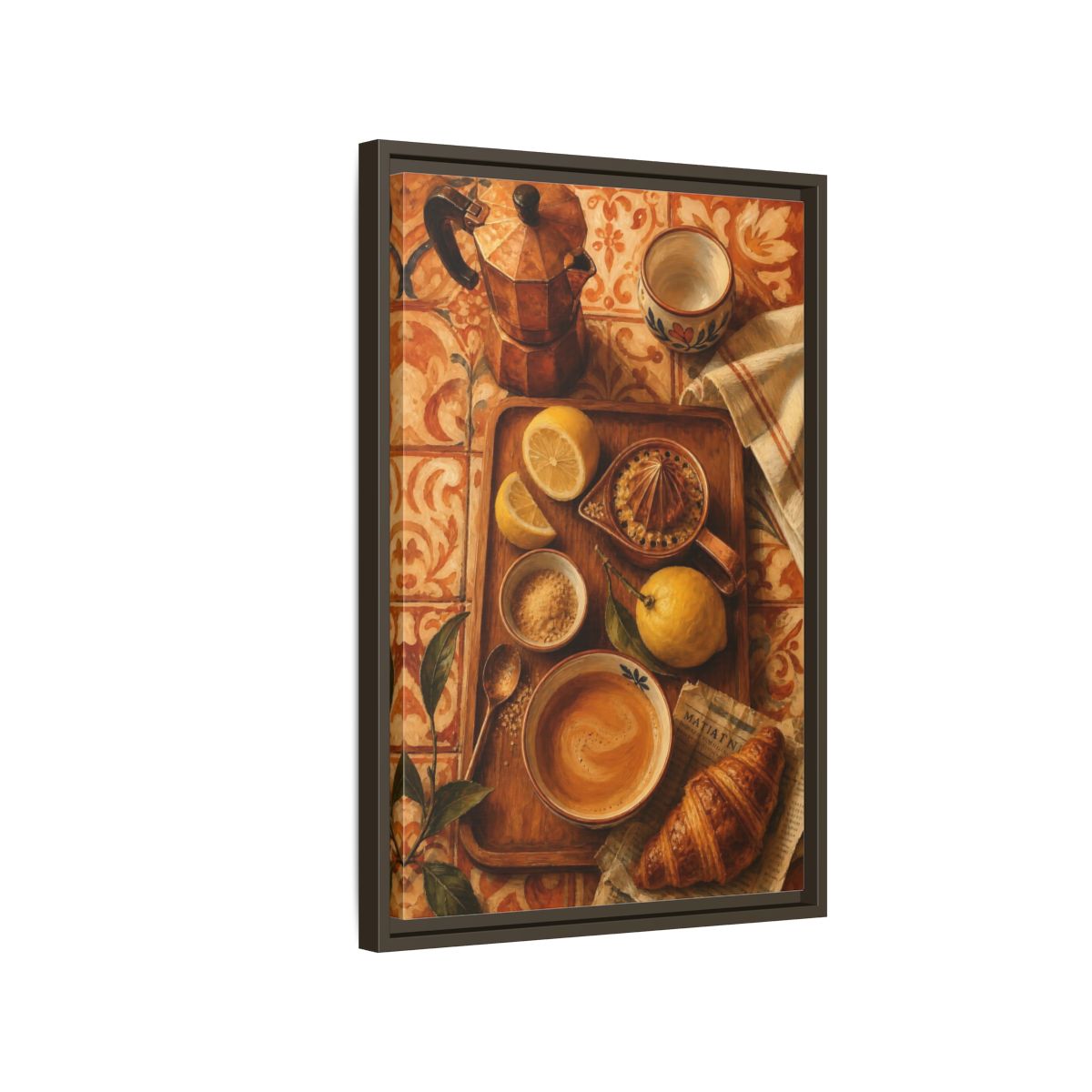 Side Mockup 2. Morning Lemon Coffee Tray shown as framed canvas print