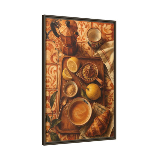 Main Mockup. Morning Lemon Coffee Tray shown as framed canvas print