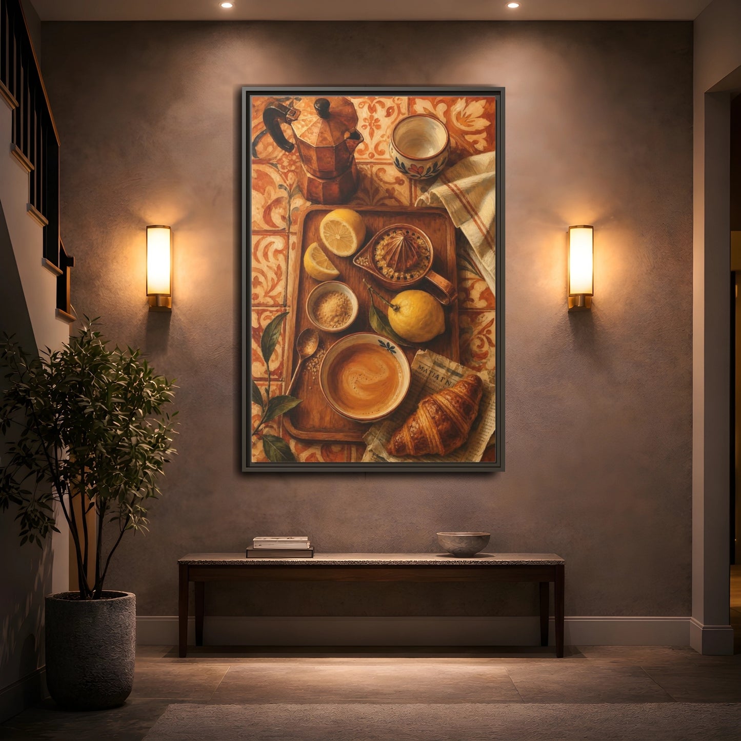 Mockup 2. Morning Lemon Coffee Tray shown as framed canvas print