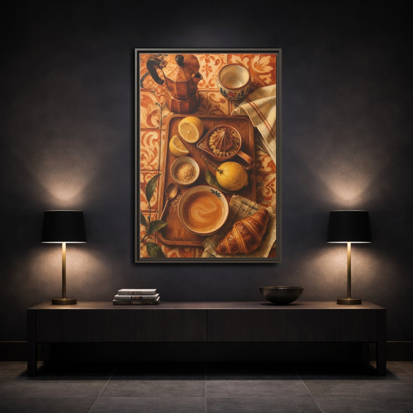 Mockup 3. Morning Lemon Coffee Tray shown as framed canvas print