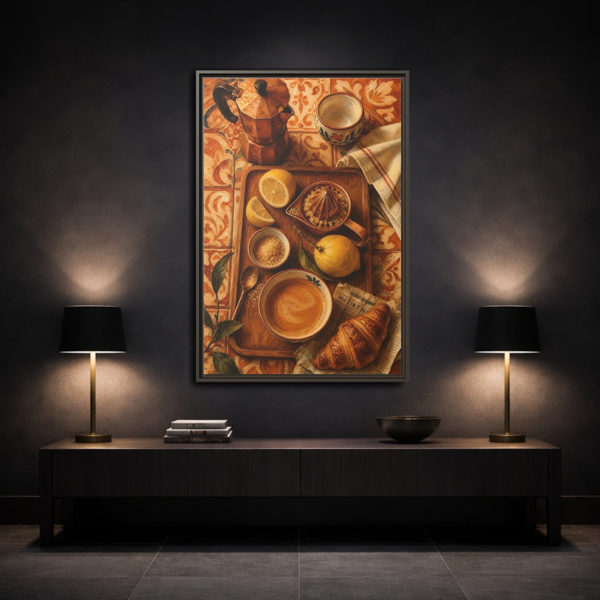 Mockup 3. Morning Lemon Coffee Tray shown as framed canvas print