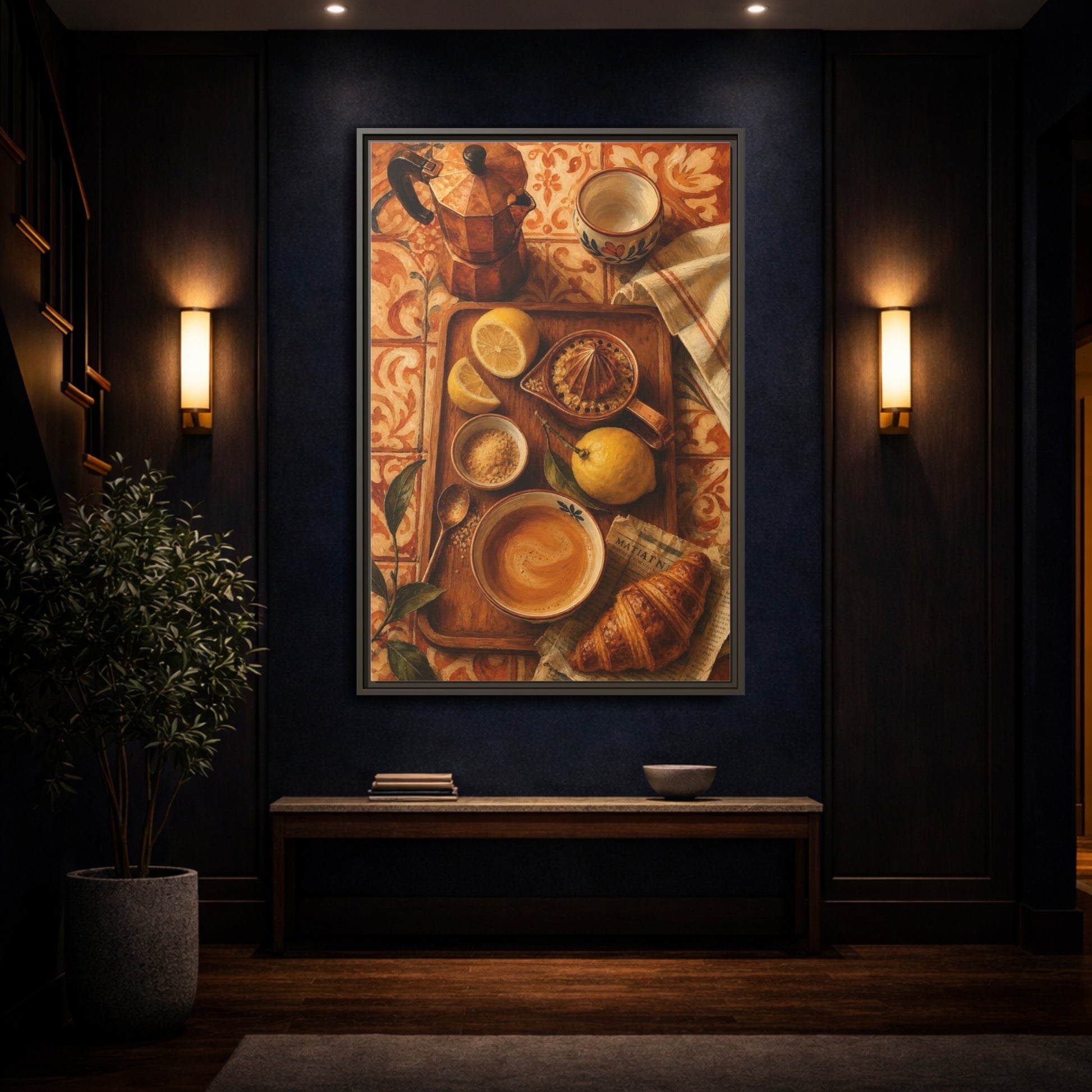 Mockup 4. Morning Lemon Coffee Tray shown as framed canvas print