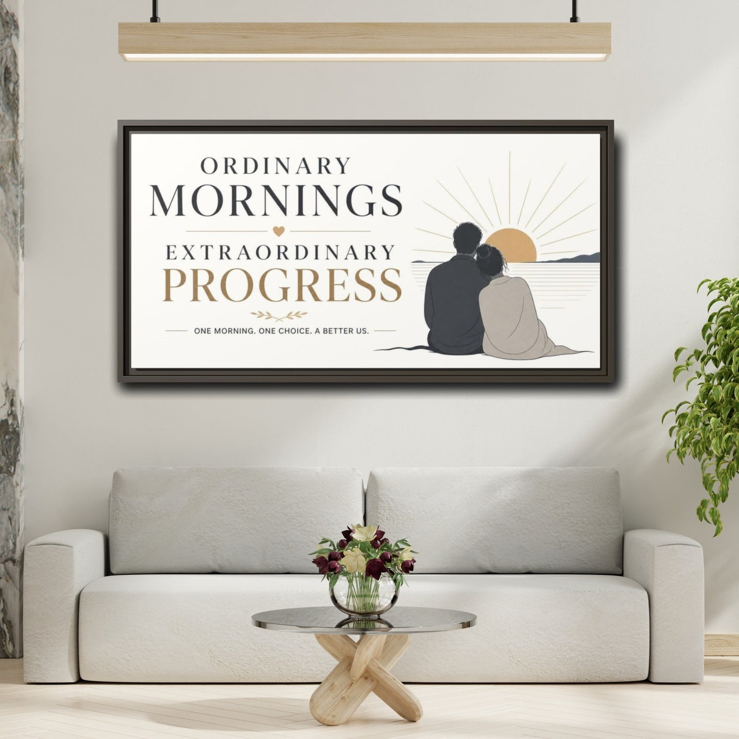 Mockup 2. Morning Progress Quote shown as framed canvas print