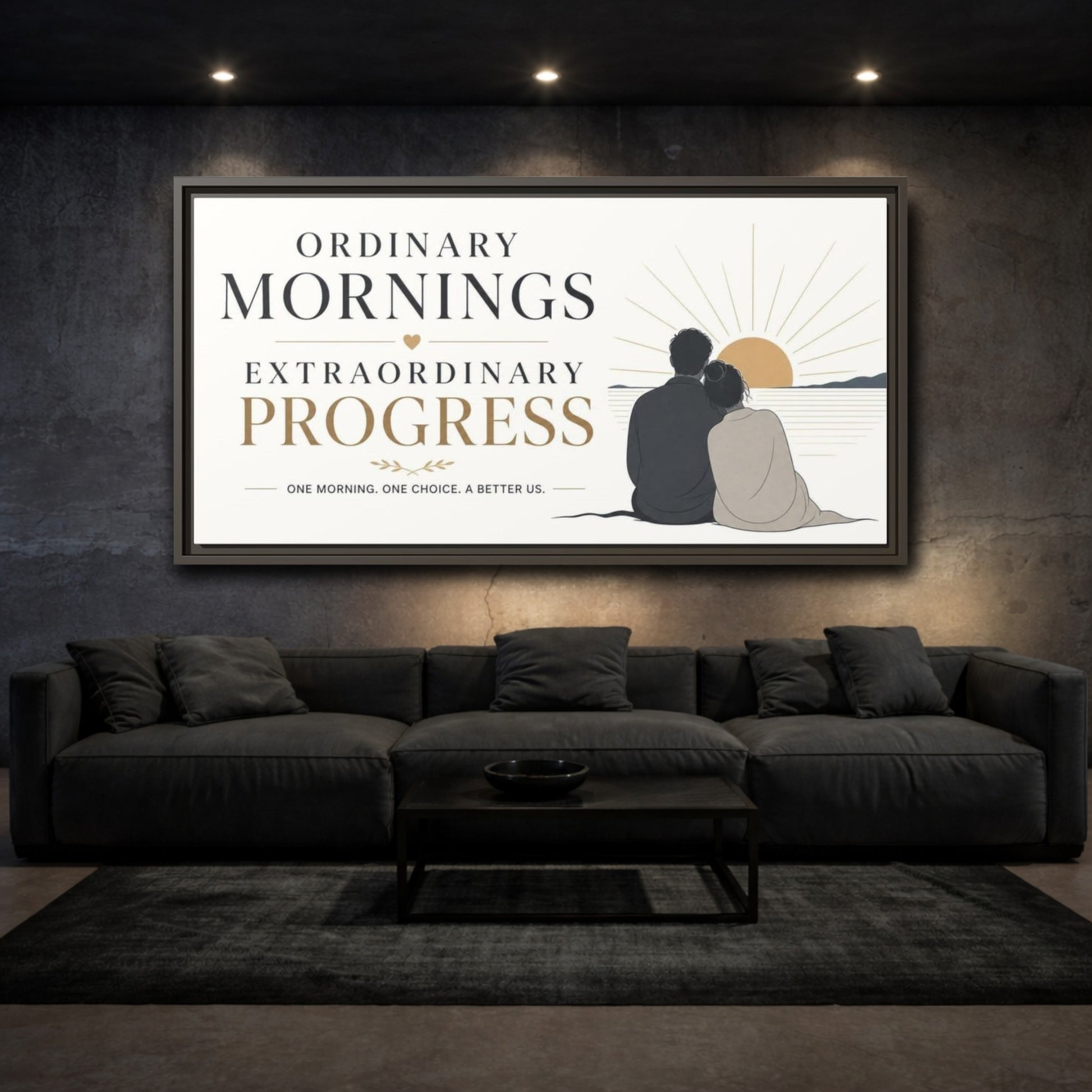 Mockup 3. Morning Progress Quote shown as framed canvas print