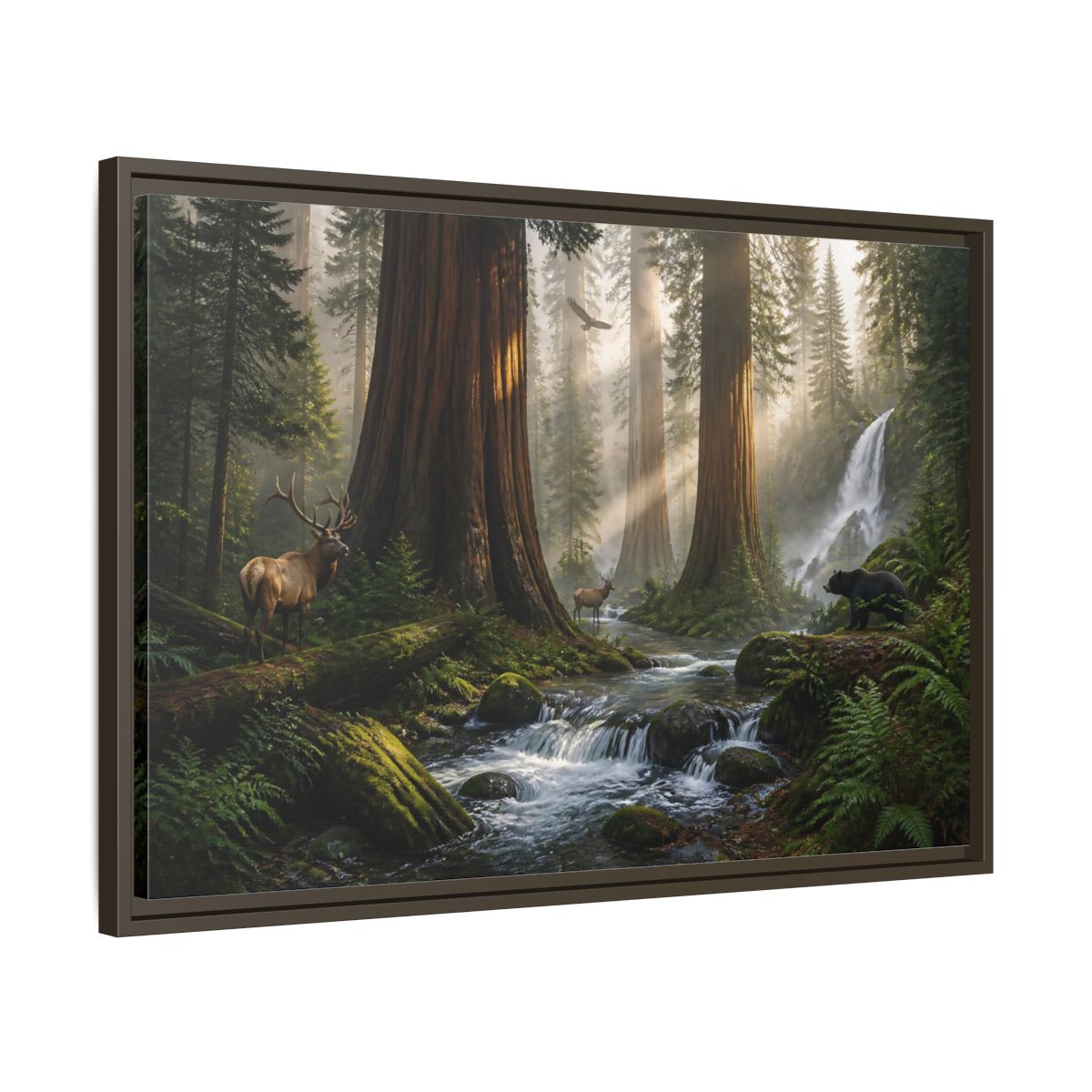 Side Mockup 11. Morning Redwood Sanctuary shown as framed canvas print