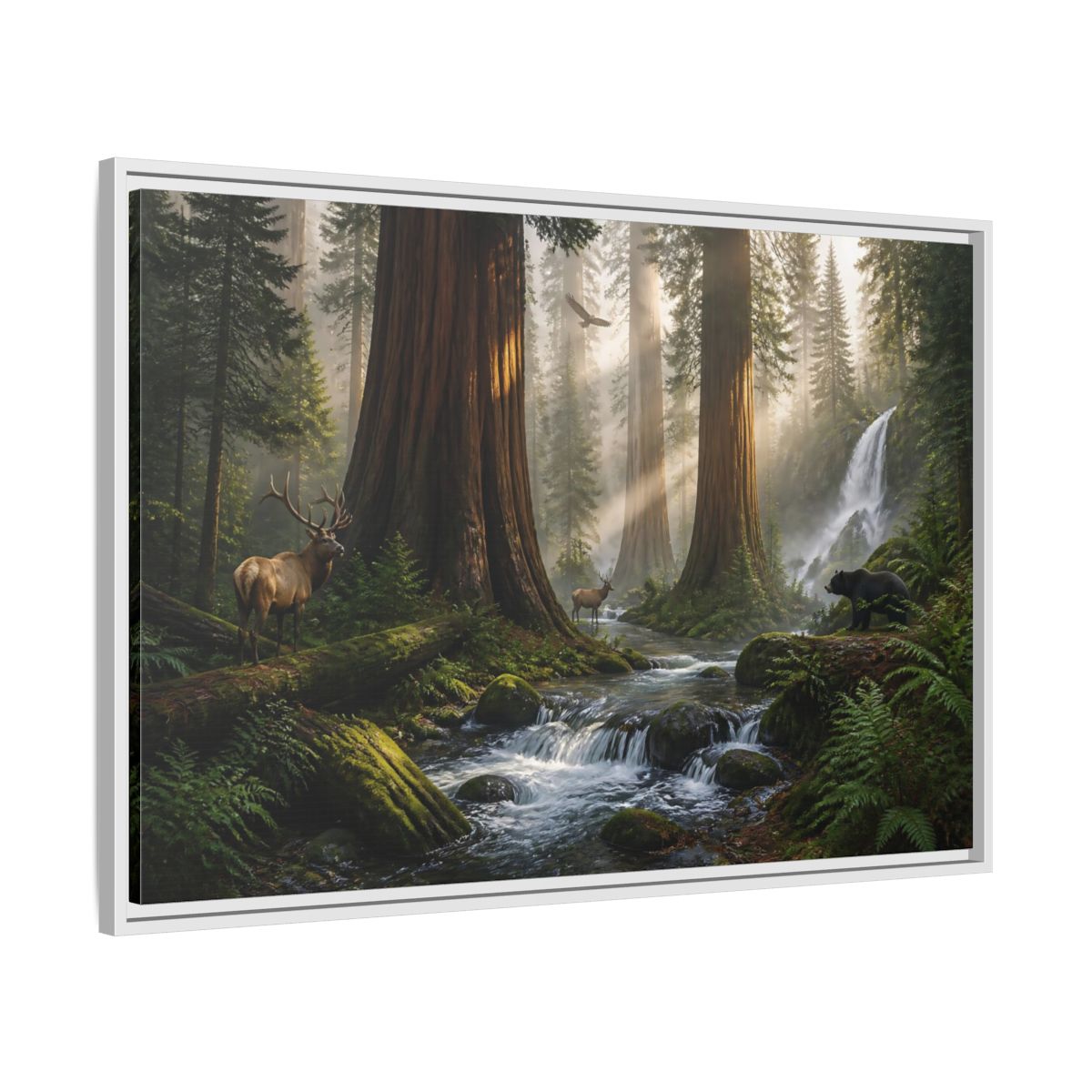 Side Mockup 9. Morning Redwood Sanctuary shown as framed canvas print