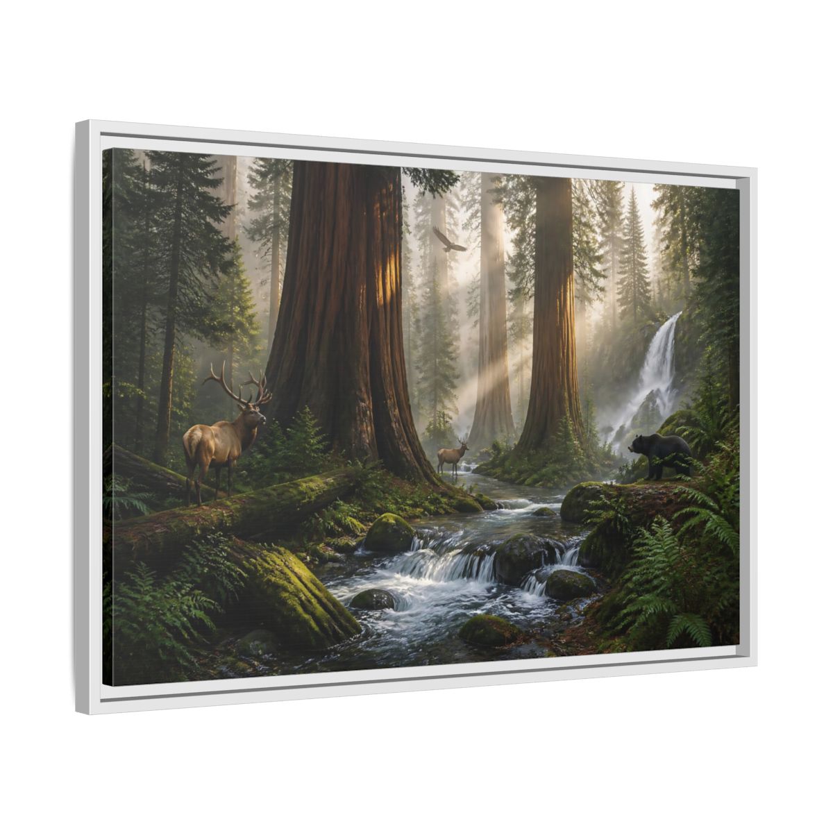 Side Mockup 10. Morning Redwood Sanctuary shown as framed canvas print