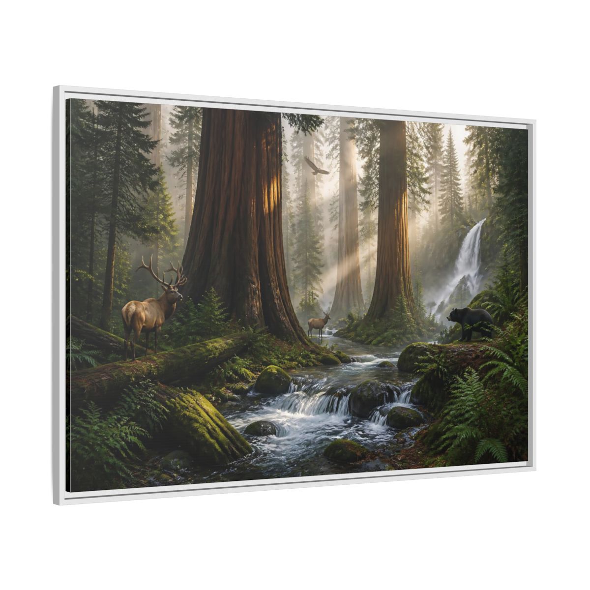 Side Mockup 7. Morning Redwood Sanctuary shown as framed canvas print
