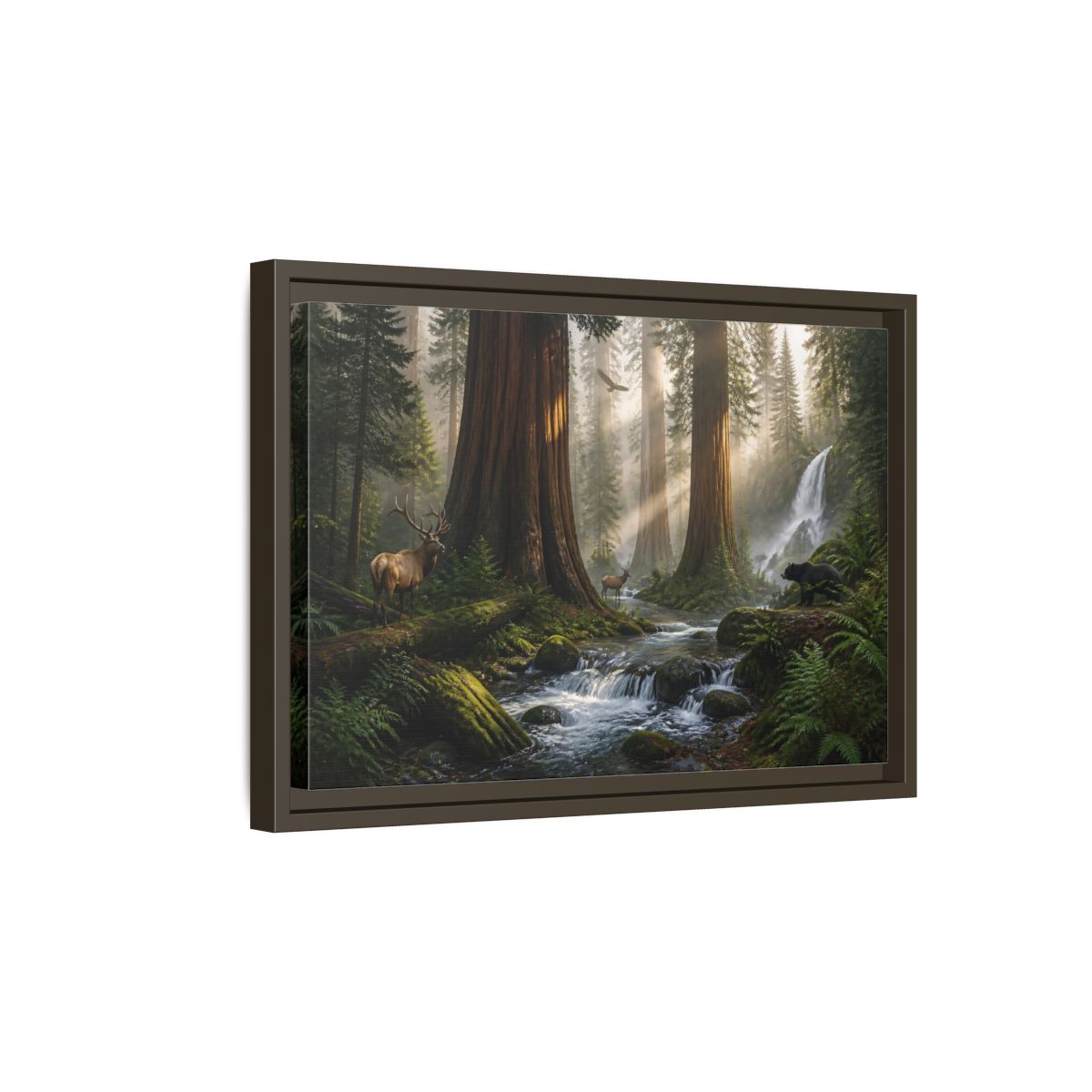 Side Mockup 5. Morning Redwood Sanctuary shown as framed canvas print