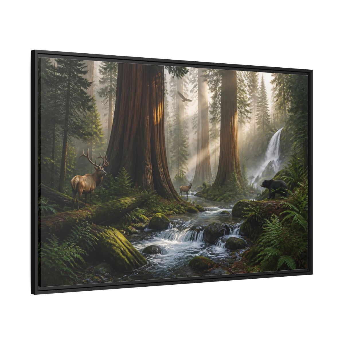 Side Mockup 12. Morning Redwood Sanctuary shown as framed canvas print