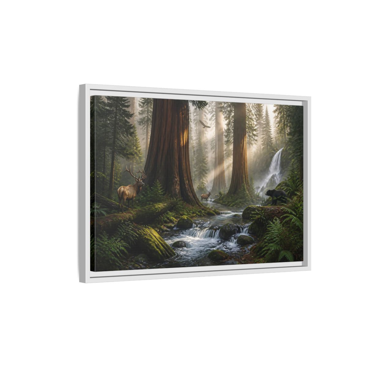 Side Mockup 1. Morning Redwood Sanctuary shown as framed canvas print