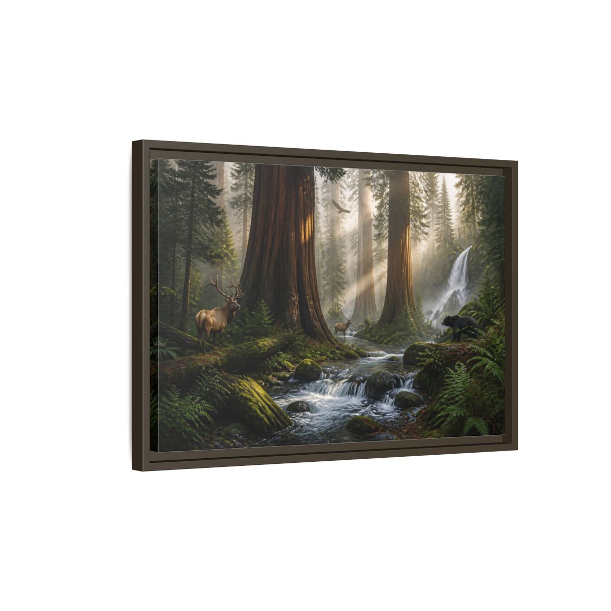 Side Mockup 2. Morning Redwood Sanctuary shown as framed canvas print