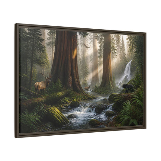 Main Mockup. Morning Redwood Sanctuary shown as framed canvas print