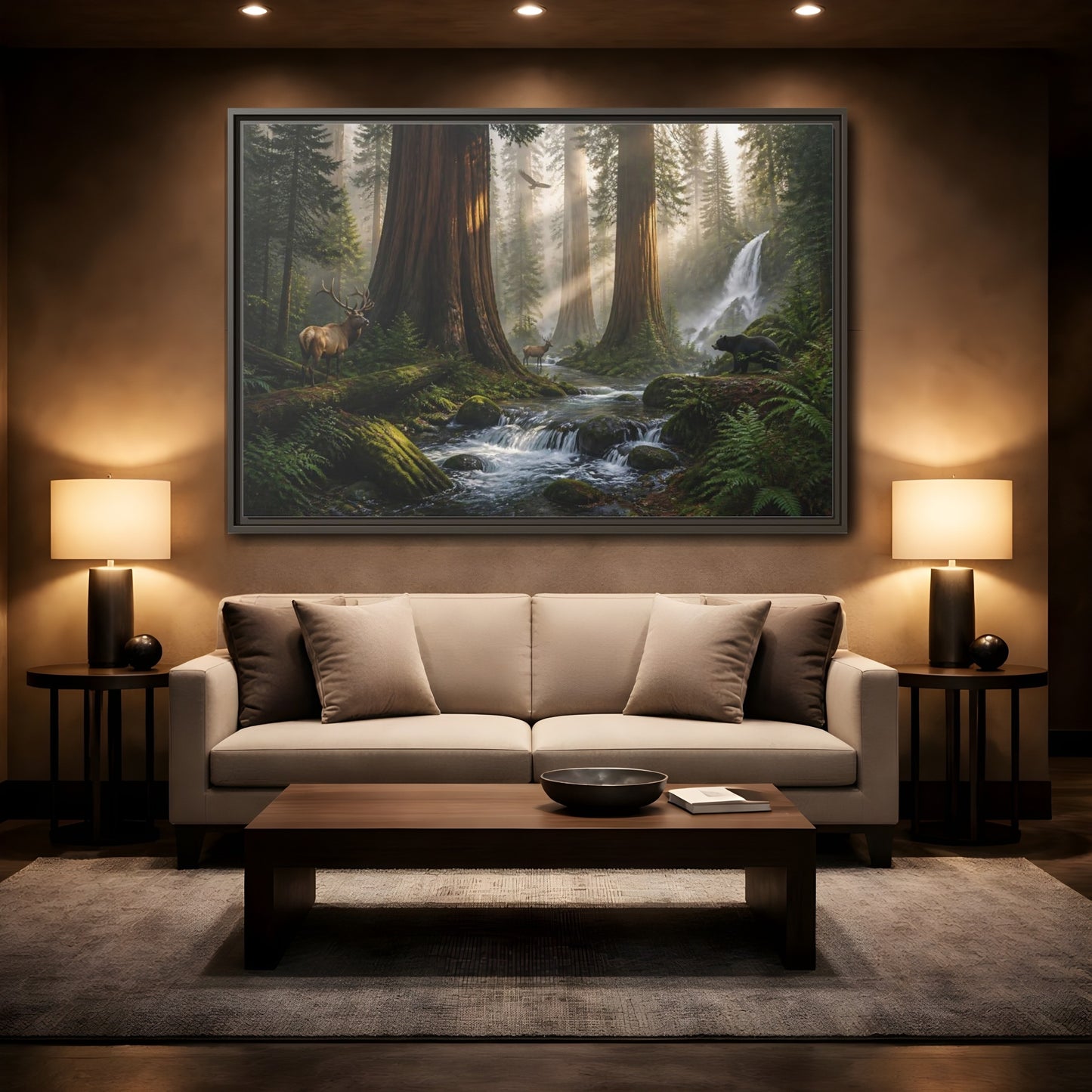 Mockup 2. Morning Redwood Sanctuary shown as framed canvas print