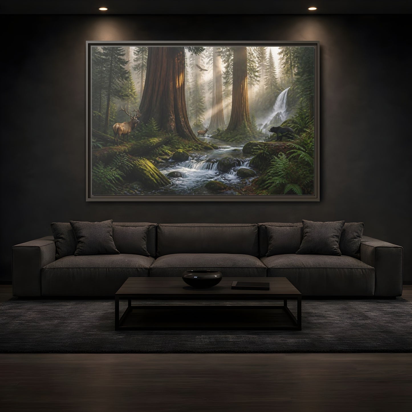 Mockup 3. Morning Redwood Sanctuary shown as framed canvas print