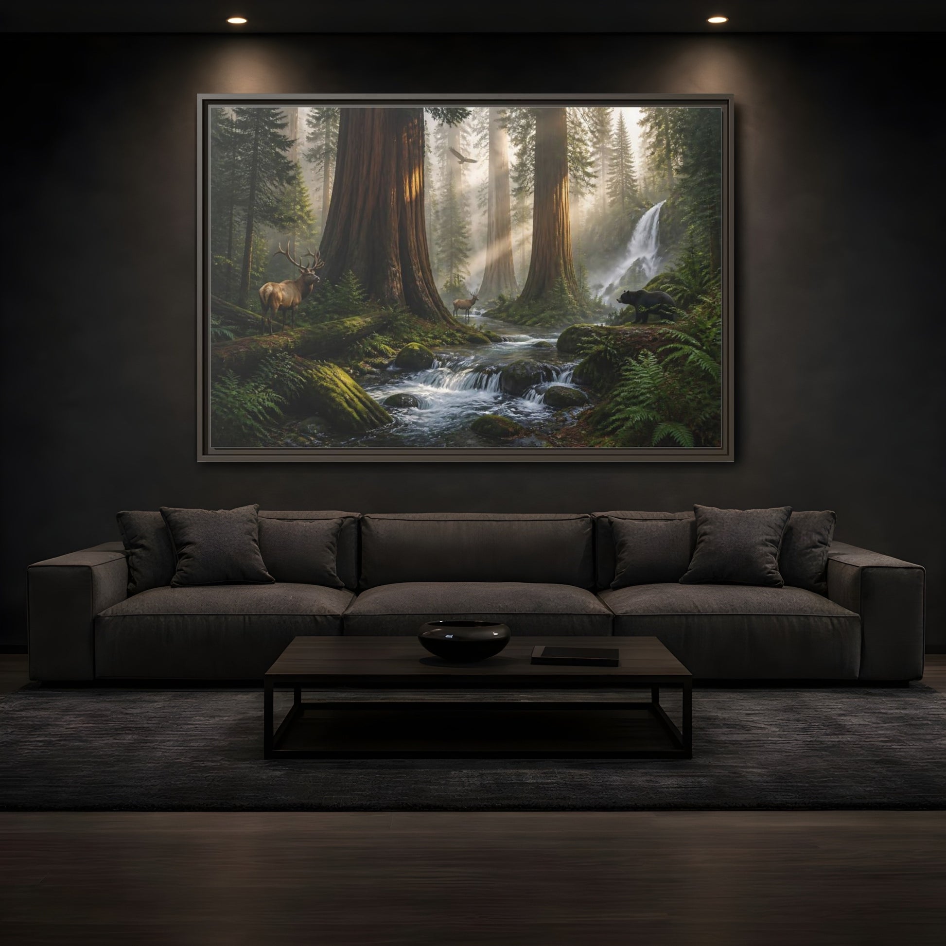Mockup 3. Morning Redwood Sanctuary shown as framed canvas print