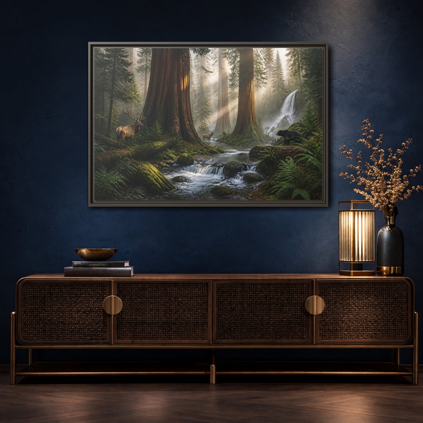 Mockup 4. Morning Redwood Sanctuary shown as framed canvas print
