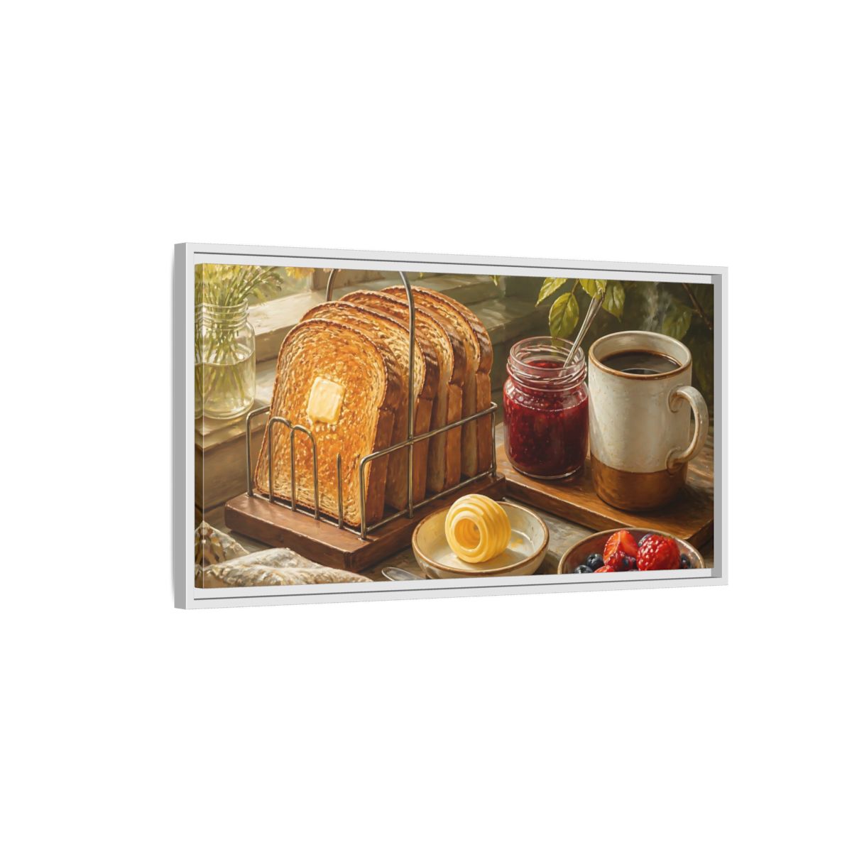 Side Mockup 1. Morning Toast And Coffee shown as framed canvas print