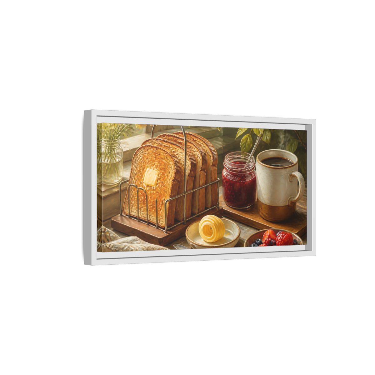 Side Mockup 6. Morning Toast And Coffee shown as framed canvas print