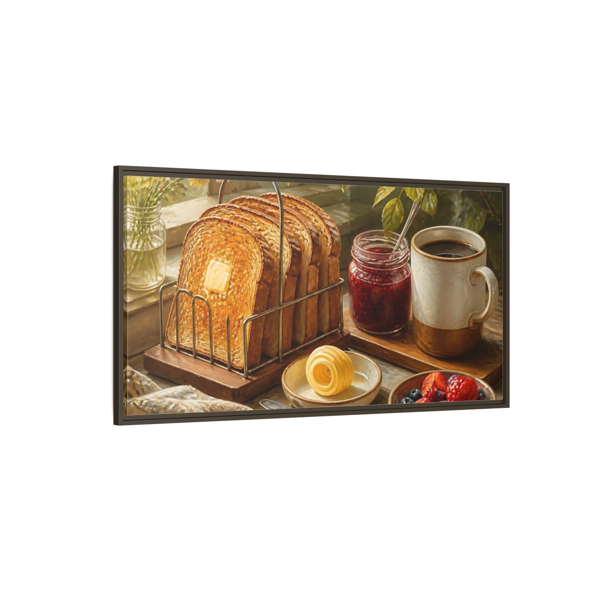 Side Mockup 4. Morning Toast And Coffee shown as framed canvas print