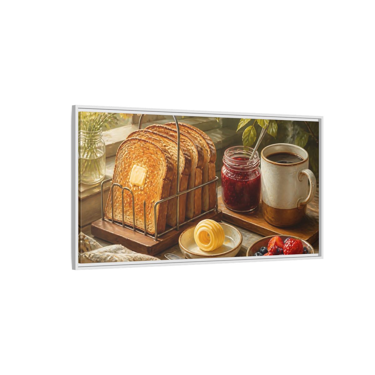 Side Mockup 3. Morning Toast And Coffee shown as framed canvas print