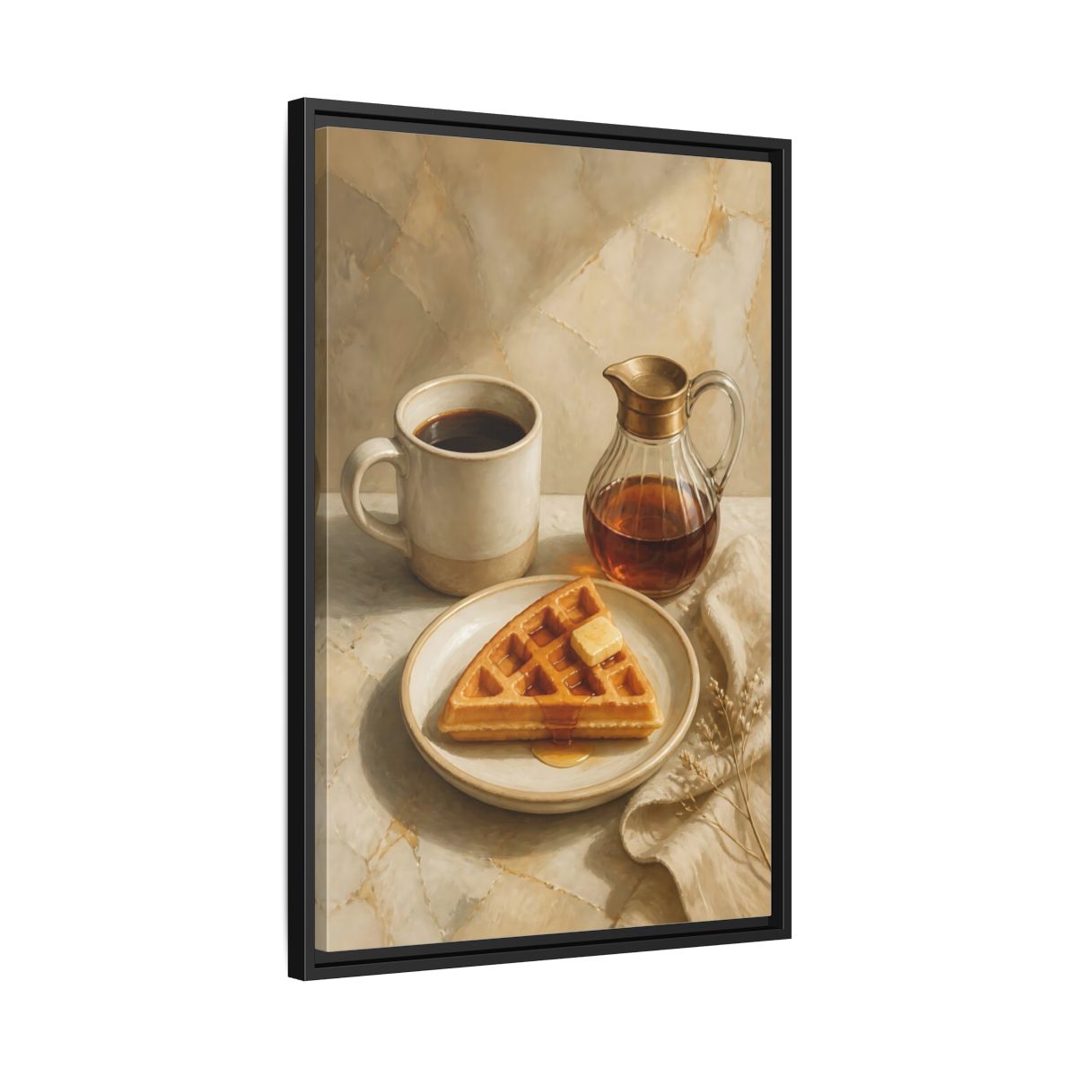 Side Mockup 14. Morning Waffle With Coffee shown as framed canvas print