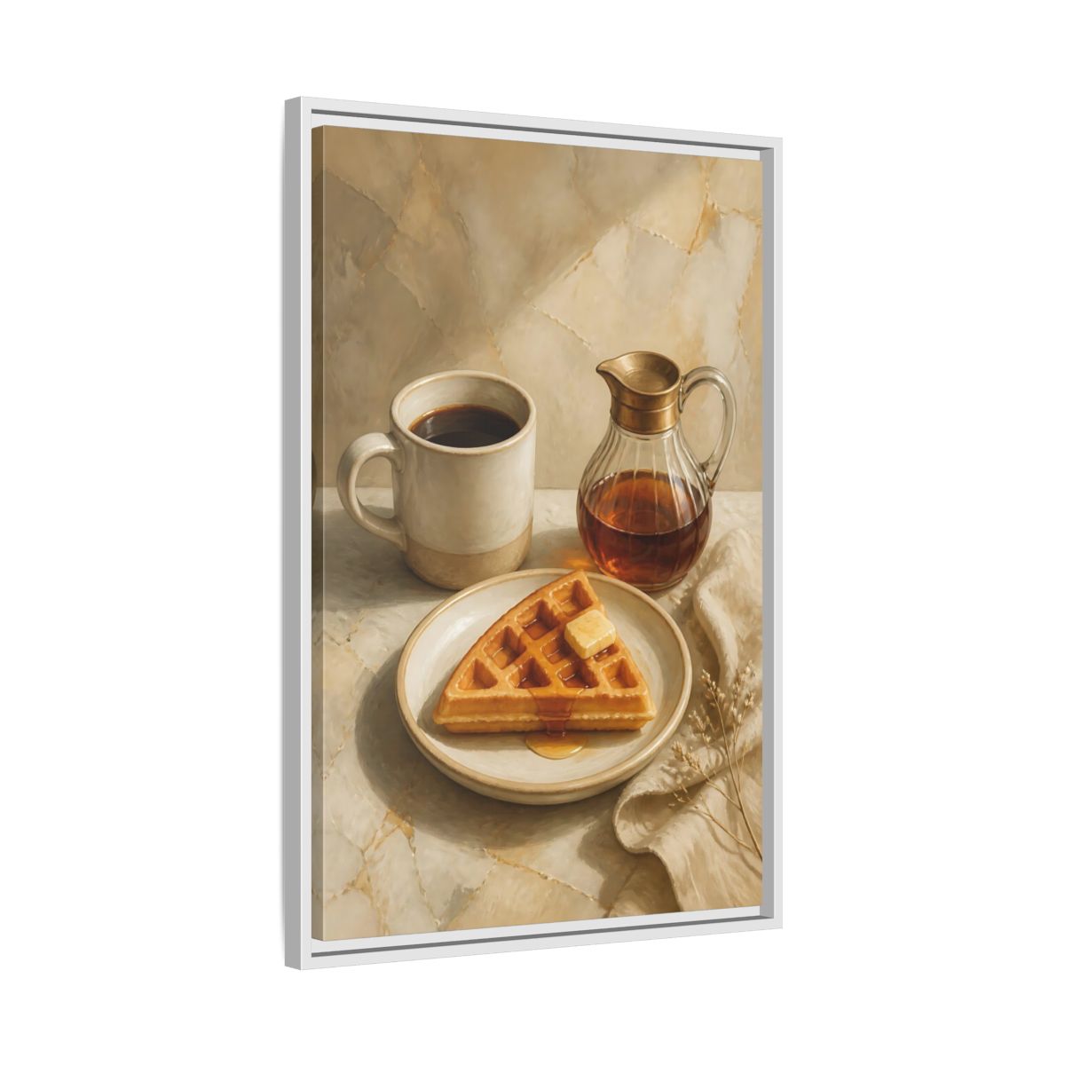 Side Mockup 10. Morning Waffle With Coffee shown as framed canvas print