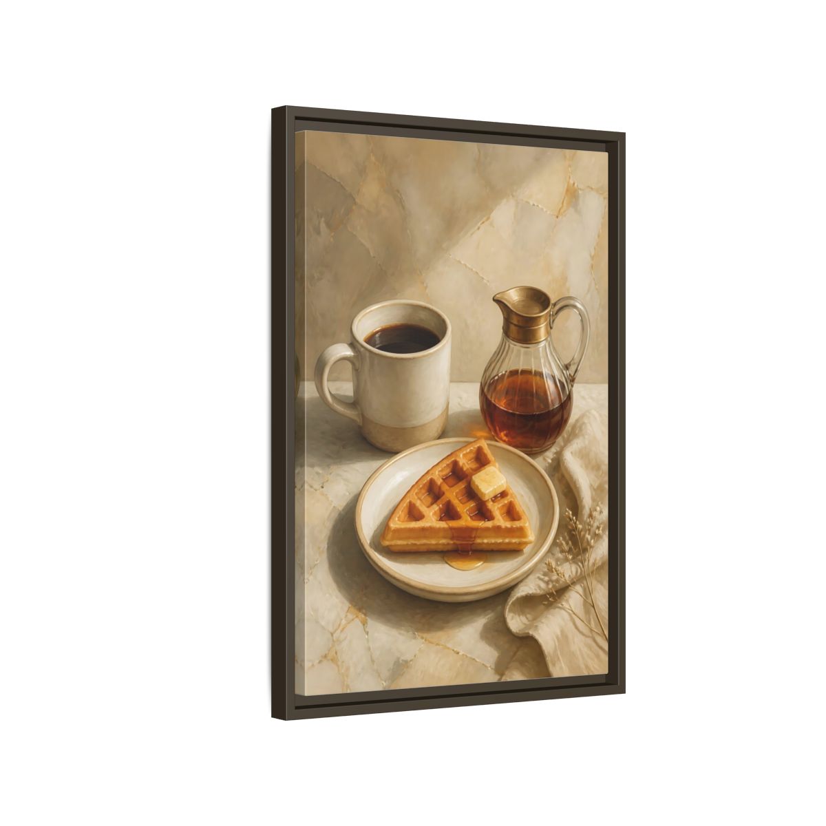 Side Mockup 2. Morning Waffle With Coffee shown as framed canvas print