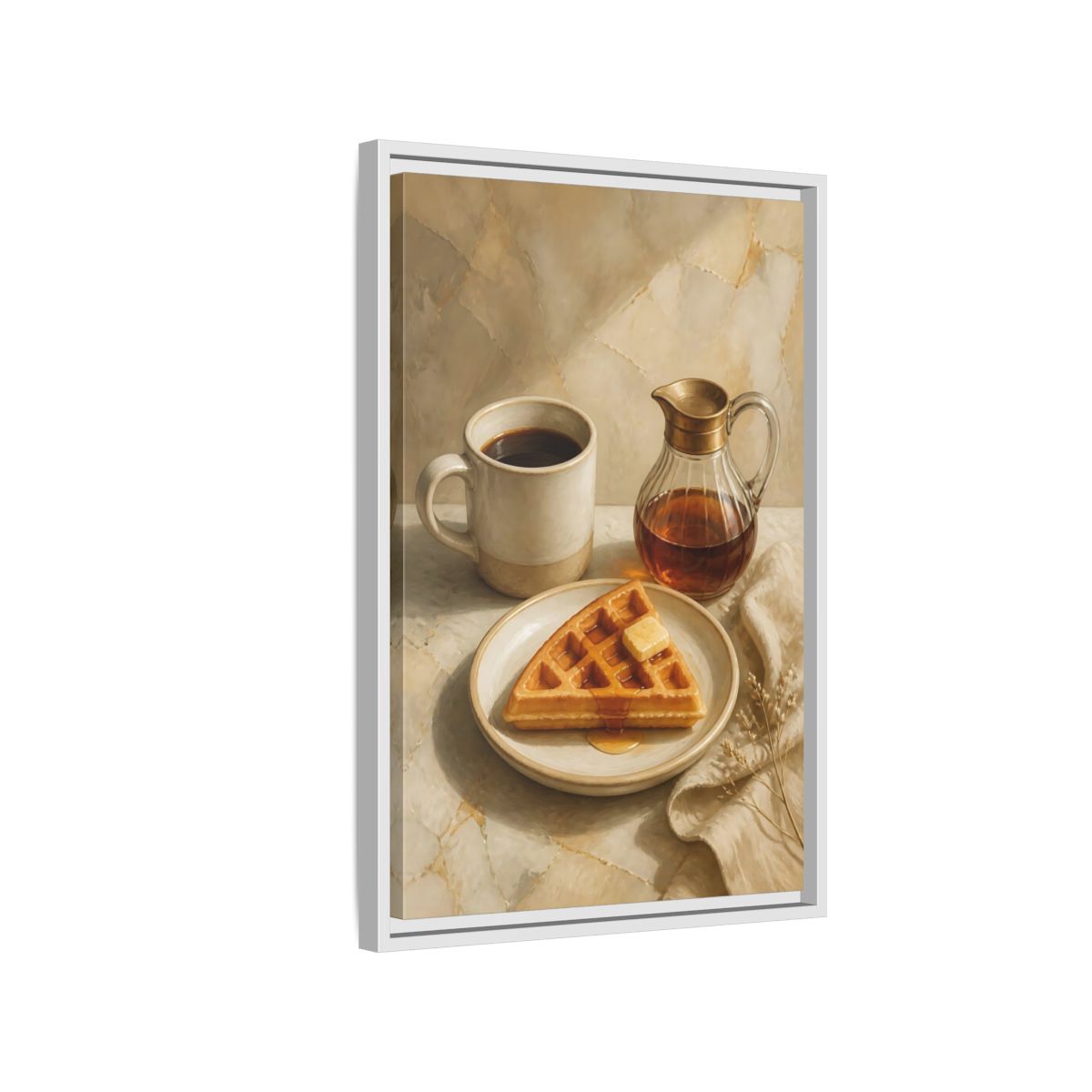 Side Mockup 1. Morning Waffle With Coffee shown as framed canvas print