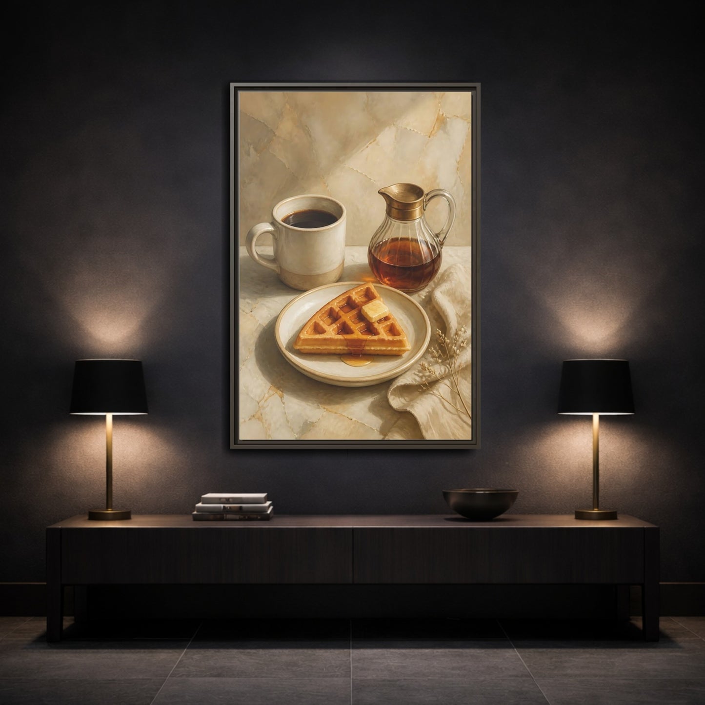 Mockup 3. Morning Waffle With Coffee shown as framed canvas print