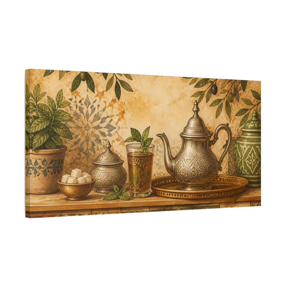 Side Mockup 1. Moroccan Mint Tea Still Life shown as canvas print
