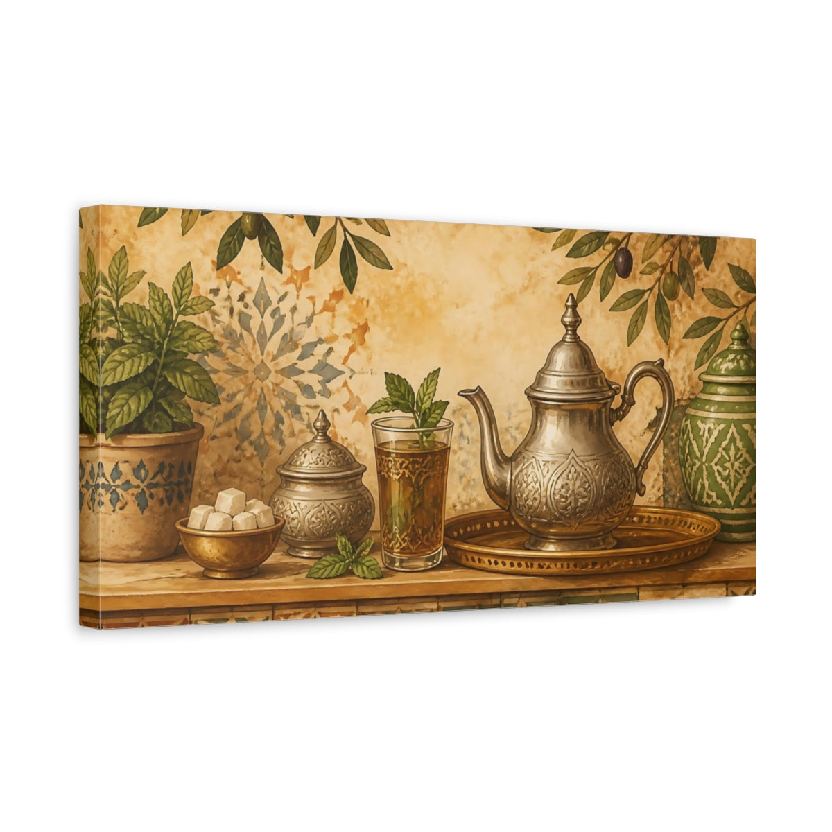 Side Mockup 3. Moroccan Mint Tea Still Life shown as canvas print