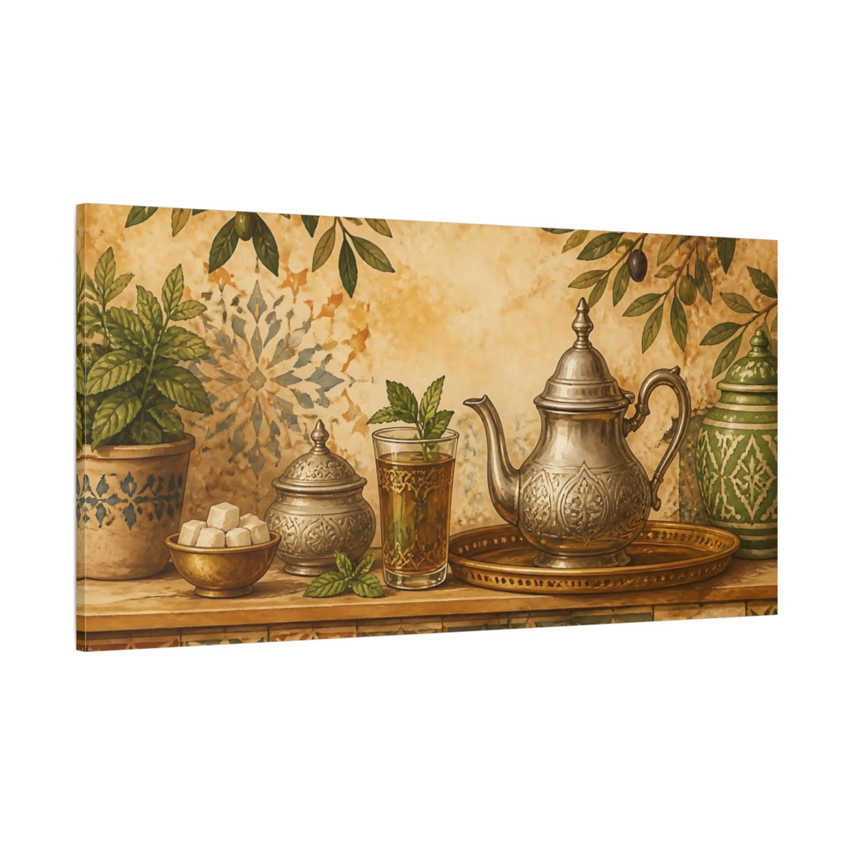 Side Mockup 2. Moroccan Mint Tea Still Life shown as canvas print