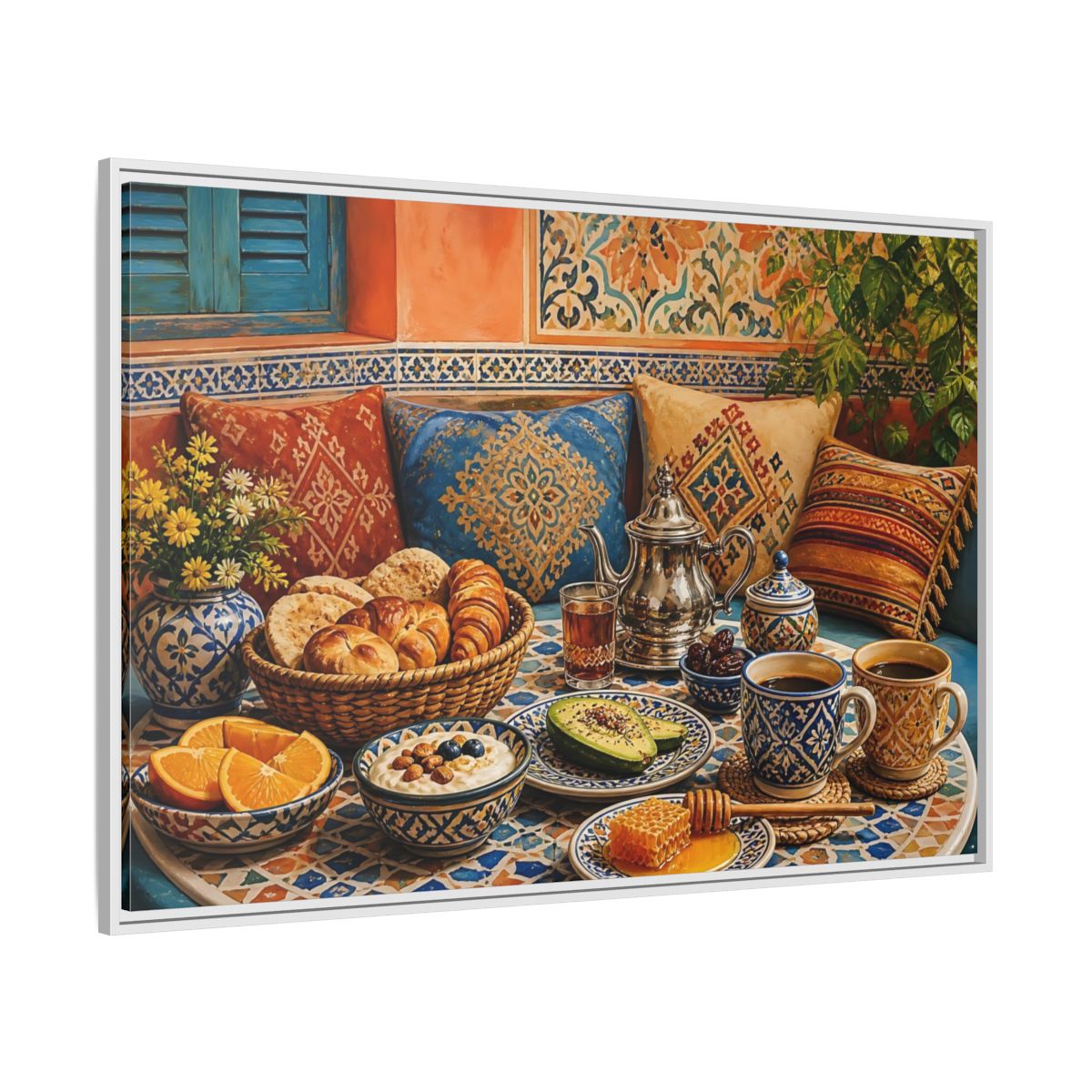 Side Mockup 7. Mosaic Breakfast Spread shown as framed canvas print