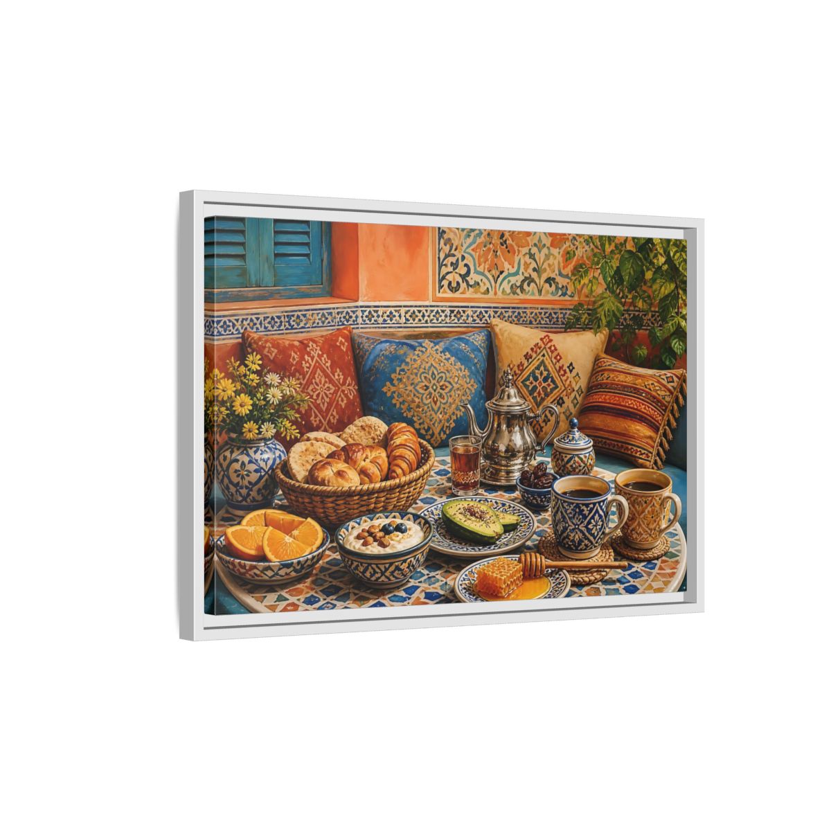 Side Mockup 1. Mosaic Breakfast Spread shown as framed canvas print