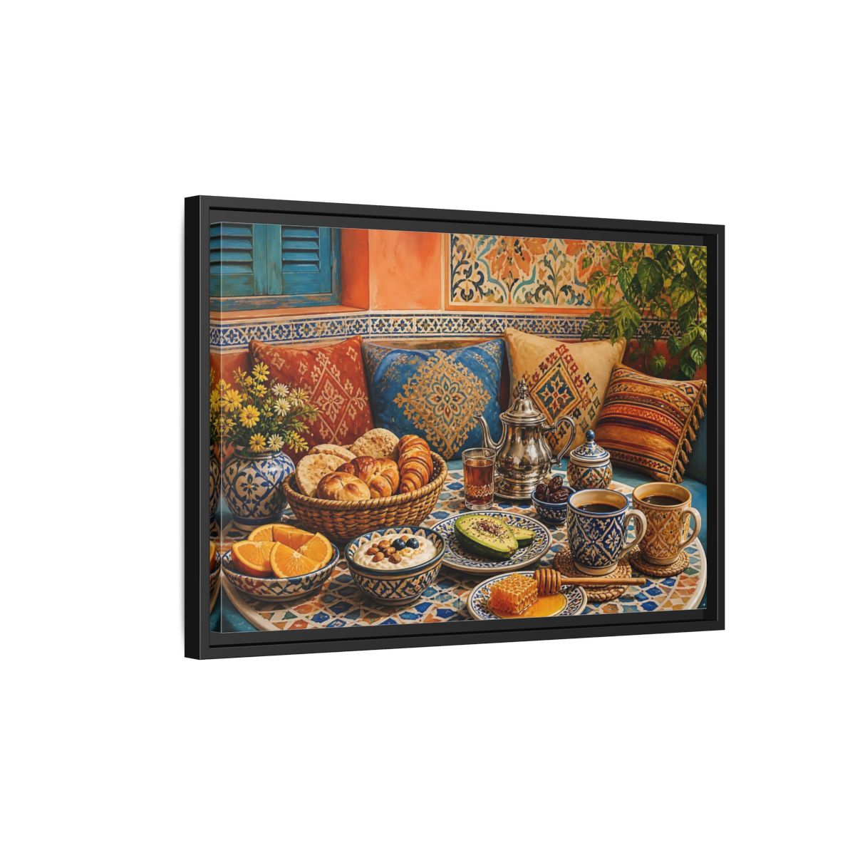 Side Mockup 3. Mosaic Breakfast Spread shown as framed canvas print