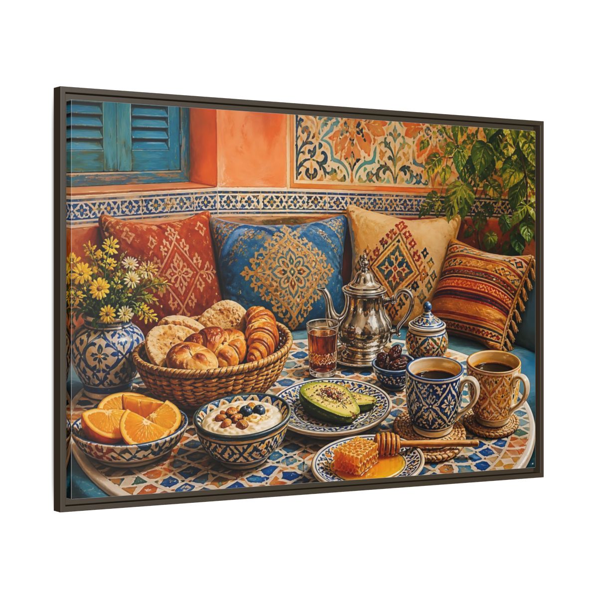Side Mockup 8. Mosaic Breakfast Spread shown as framed canvas print