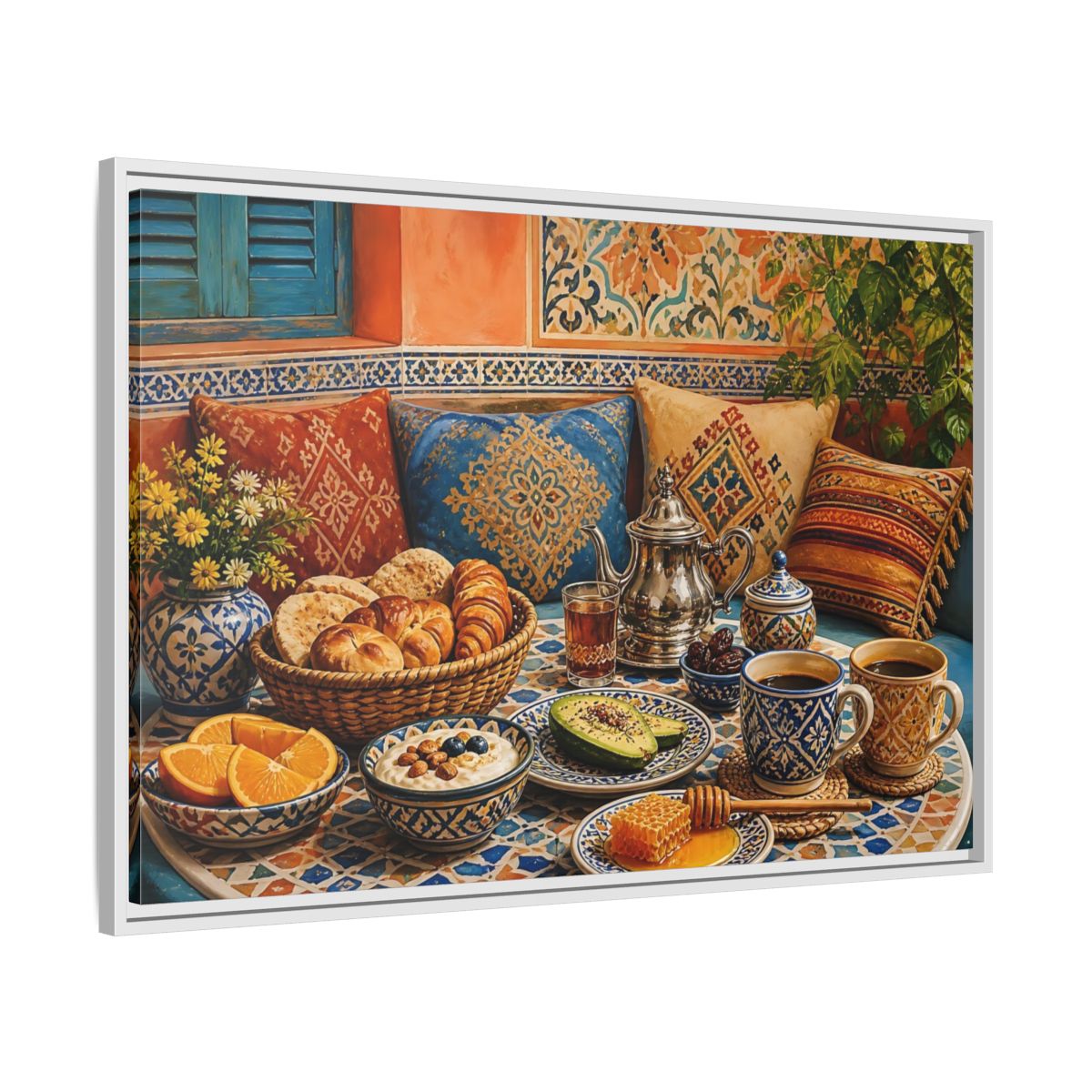 Side Mockup 9. Mosaic Breakfast Spread shown as framed canvas print
