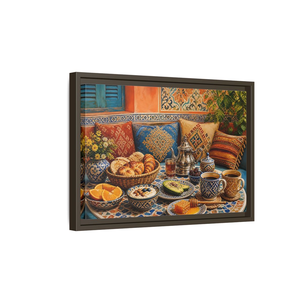 Side Mockup 5. Mosaic Breakfast Spread shown as framed canvas print