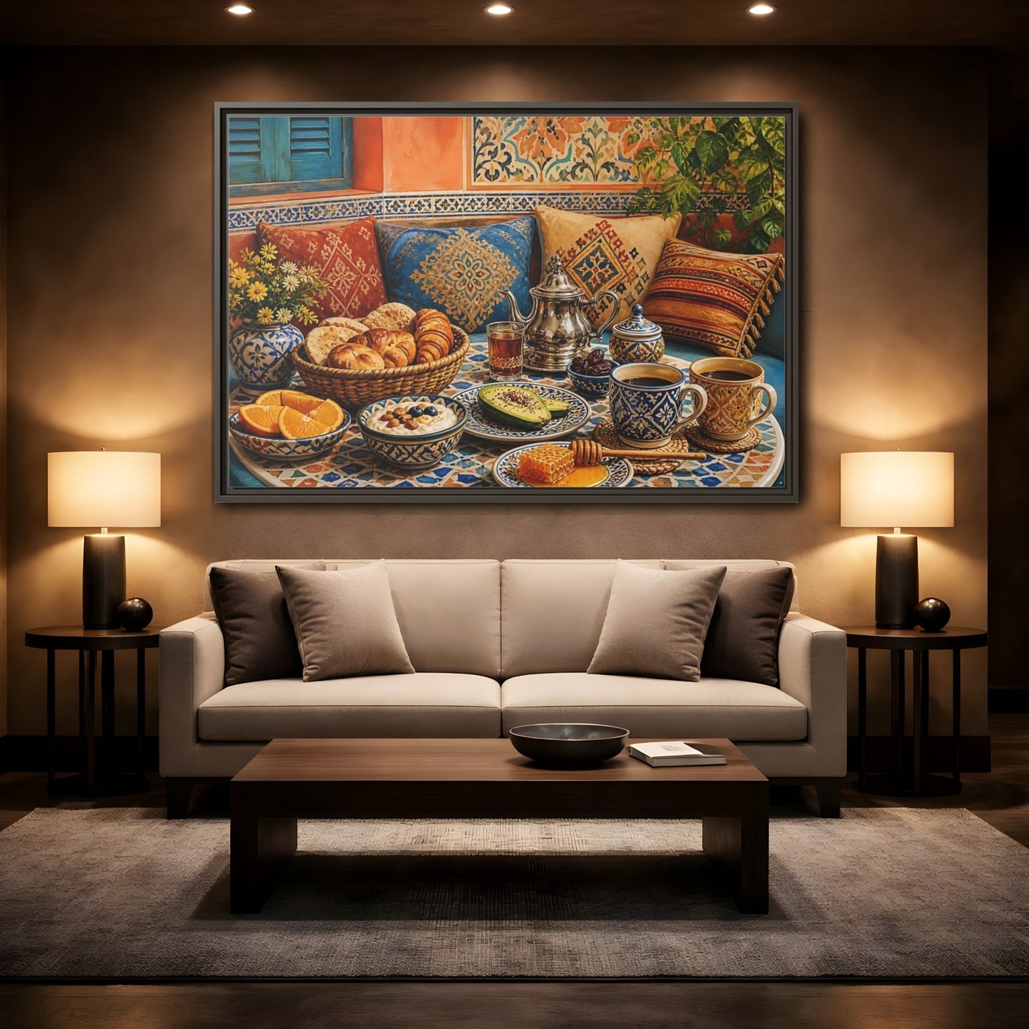 Mockup 2. Mosaic Breakfast Spread shown as framed canvas print