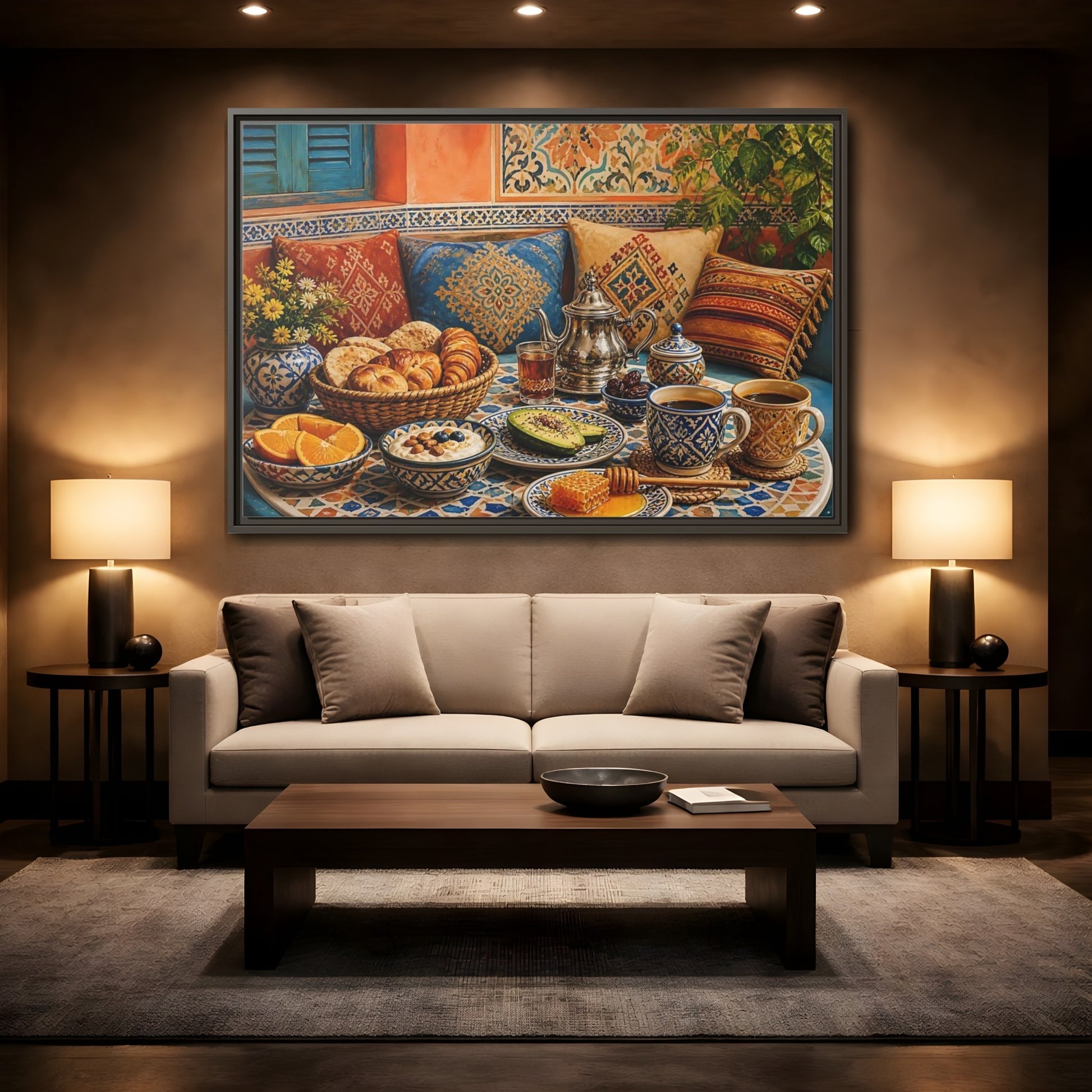 Mockup 2. Mosaic Breakfast Spread shown as framed canvas print