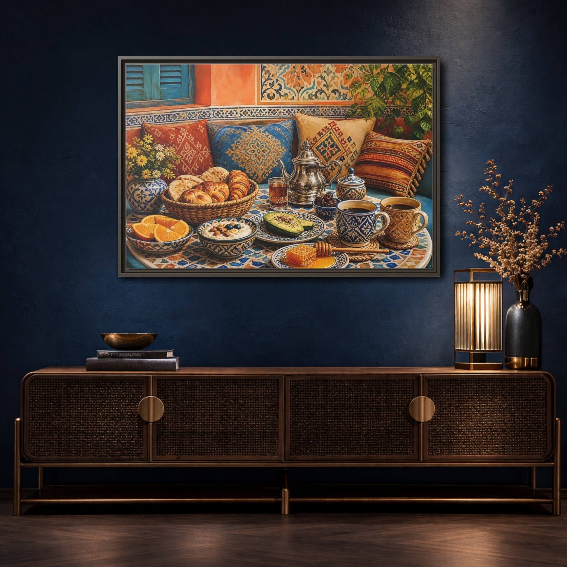 Mockup 4. Mosaic Breakfast Spread shown as framed canvas print
