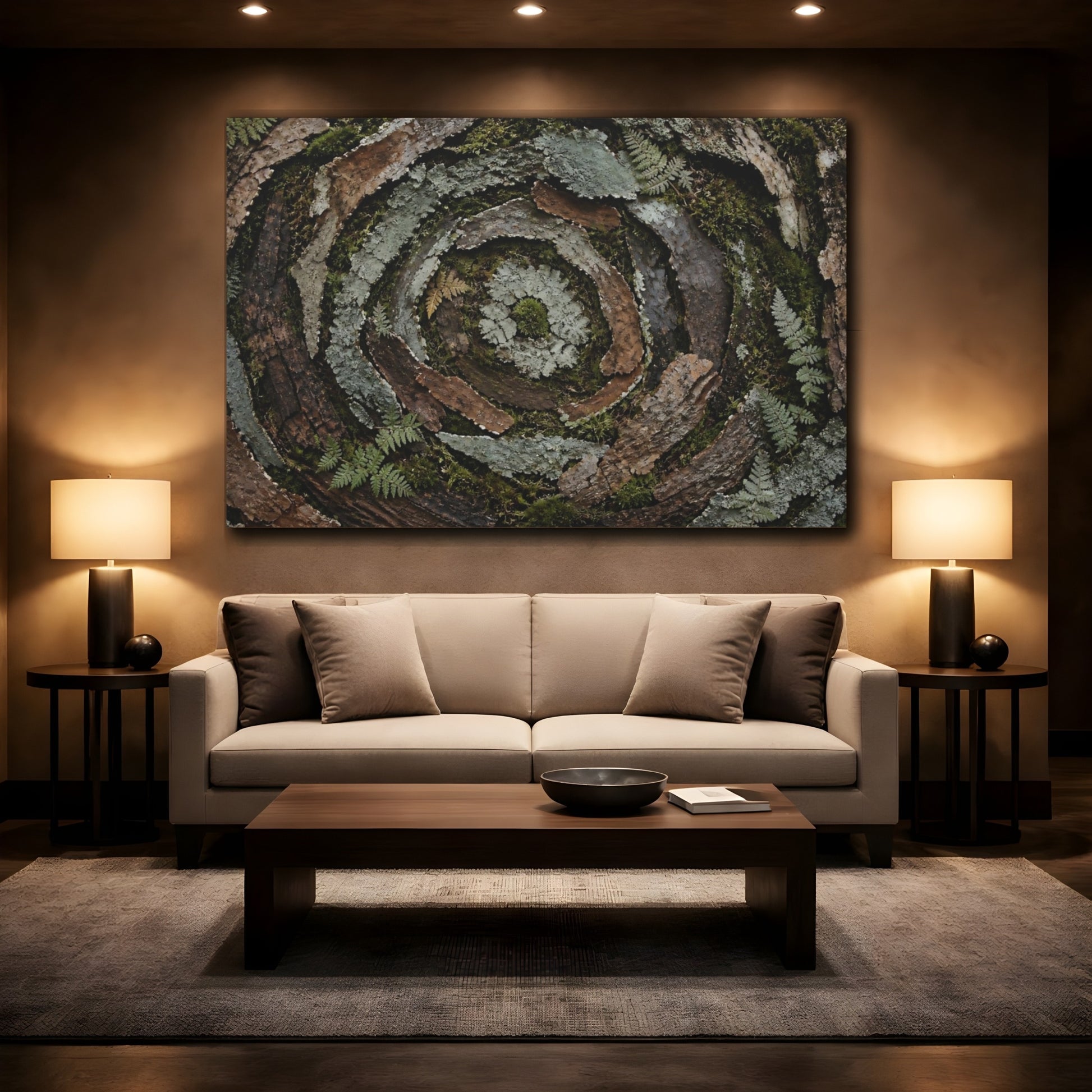 Mockup 2. Moss And Lichen Spiral shown as canvas print