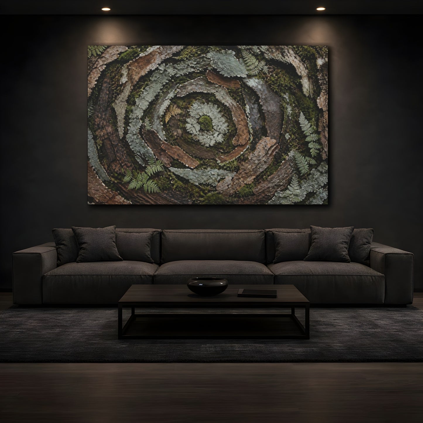 Mockup 3. Moss And Lichen Spiral shown as canvas print