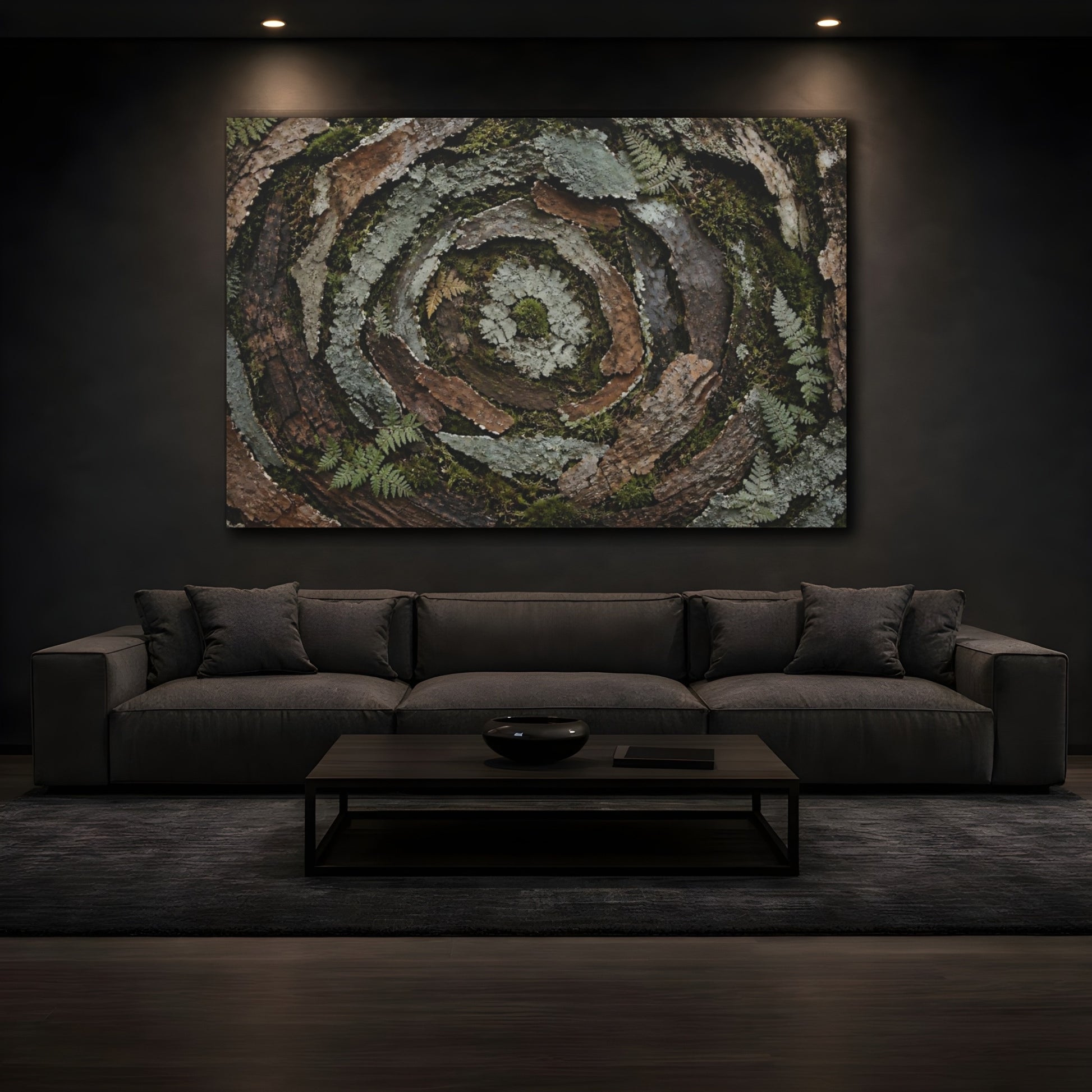 Mockup 3. Moss And Lichen Spiral shown as canvas print