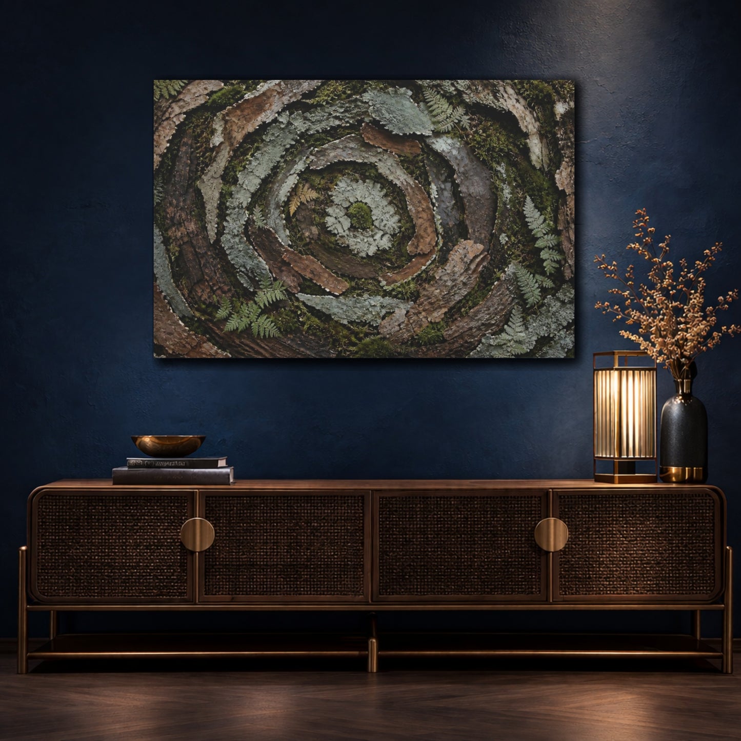 Mockup 4. Moss And Lichen Spiral shown as canvas print