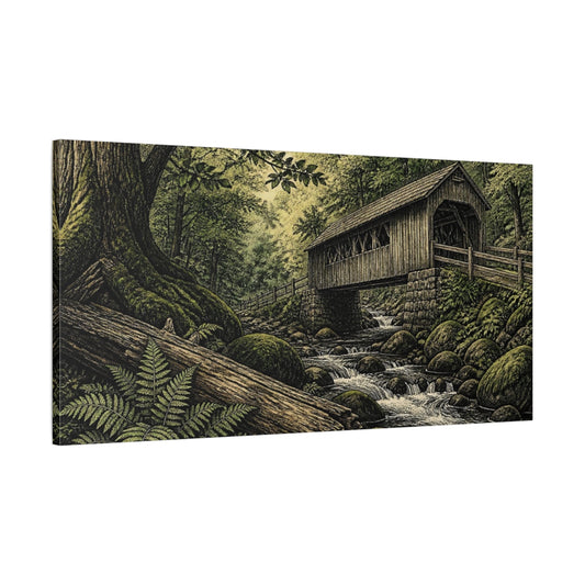 Main Mockup. Mossy Covered Bridge shown as canvas print